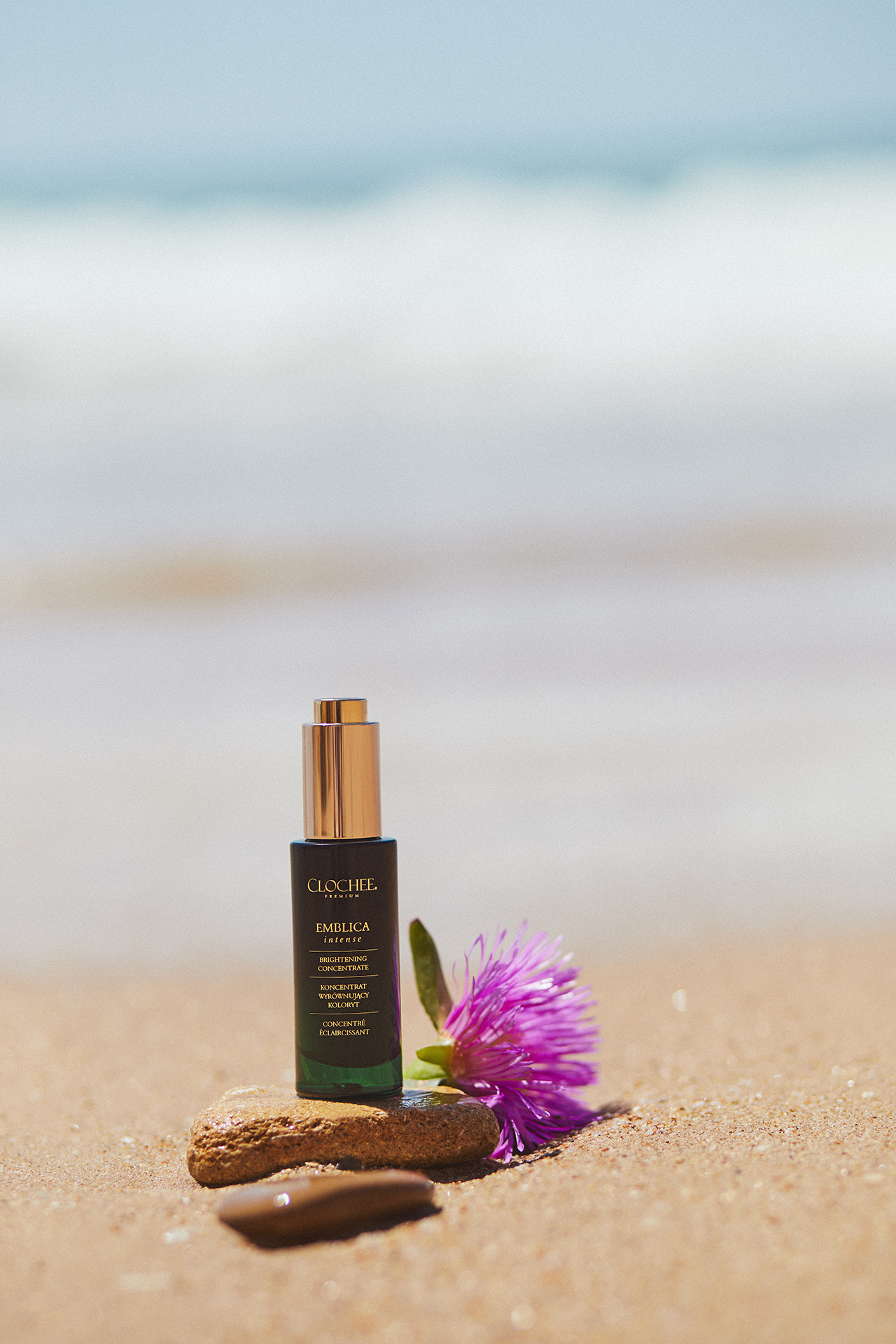 Produkt Clochcee Cosmetics na plaży z różowym kwiatem